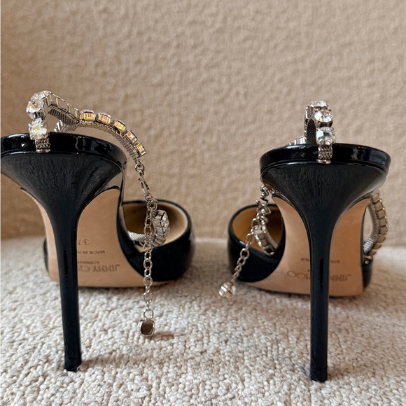 Jimmy Choo SAEDA 100mm EU 37 Black Patent Crystal-Ankle Strap Pointed Toe Pumps - Picture 6 of 6